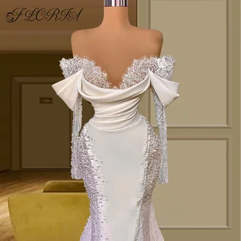 Žavinga Perlai Nėrinių Vestuvių Suknelė Off Peties Ilgos Satino Vestuvių Suknelės Moterims 2022 Nuotaka Užsakymą vestido de novia 1