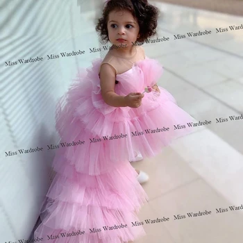 Mielas Vien Kaklo Pink Gėlių Mergaitės Suknelė su Traukiniu Pakopinis Sijonas Kelio Ilgis Vaikai Šalis Suknelė-line Tiulio Promenadzie Suknelė Todders 1