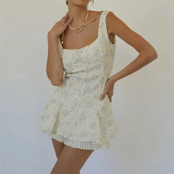 Senovinių Kvadratinių Apykaklės Mygtuką Iki Backless Suknelės Prašmatnus Gėlių Spausdinti Mini Suknelė Moterims, Elegantiška Ponia Y2K Fairycore Retro Drabužių 1