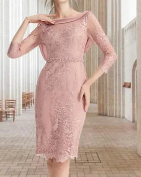 Elegantiškas Apvalkalas Trumpas Motina Oblubienicy Suknelė Rožinės spalvos Brangakmenis Kelio Ilgio Šifono Nėrinių Baclelss Vestuvių Svečias Šalis, Chalatai 2023 1