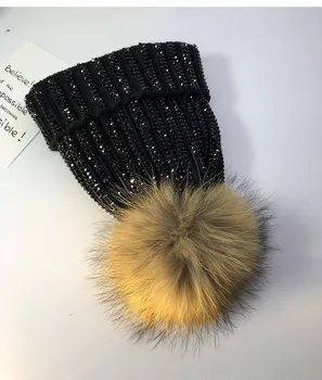 2021 nauja rudens ir žiemos korėjos versija, didelis meškėnas nekilnojamojo plaukų kamuolys moteriška skrybėlė sutirštės šiltas visiškai kalnų krištolas megzti mi 1