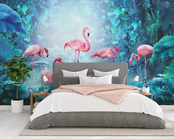 Pritaikyti 3D foto tapetai, freskos Šiaurės šalių šiuolaikinio minimalistinio atogrąžų flamingo fone sienų apdaila 1