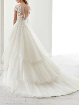 A-Line Wedding Dresses Kvadratinių Kaklo Nesimetriškas Tiulio Nėrinių Rankovių Šalies Stiliaus Nuotakos Suknelė su Appliques 1
