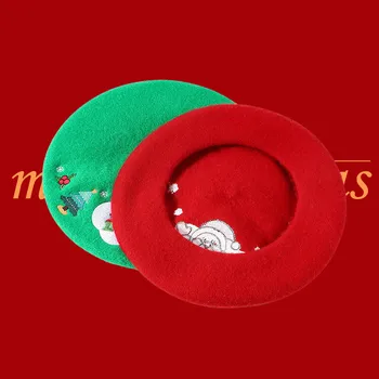 Kalėdų Senelio Skrybėlės Žiemos Moterys Snaigės Siuvinėjimo Beretė Big Red Hat Mielas Dailininko Skrybėlę Dovana Atostogų Skrybėlę Sutirštės Šiltas Vilnos Skrybėlę 2
