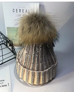 2021 nauja rudens ir žiemos korėjos versija, didelis meškėnas nekilnojamojo plaukų kamuolys moteriška skrybėlė sutirštės šiltas visiškai kalnų krištolas megzti mi 2