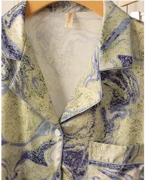 Spausdinti Moterų Pižama Nustatyti Vasaros Satino Sleepwear Intymus Apatinis Trikotažas Ilgomis Rankovėmis Elastinga Juosmeniu Kelnių Miego Kostiumas Pijamas Homewear 2
