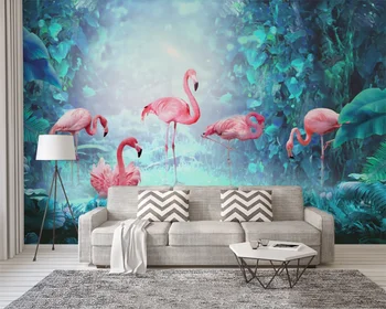 Pritaikyti 3D foto tapetai, freskos Šiaurės šalių šiuolaikinio minimalistinio atogrąžų flamingo fone sienų apdaila 2