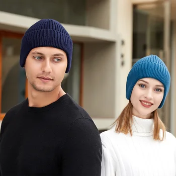 žieminės kepurės su ausimis 2022 vientisos spalvos trikotažo žiemos beanies kepurės vyrams kepuraitės moterims 3