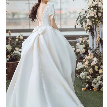 Spalvingas Vestuvių Suknelė Balta Iliuzija V-Kaklo Backless Trumpas Rankovės Linijos Lankas, Satino Vestido De Novia Princesė Vestuvinės Suknelės 2022 3