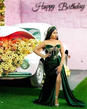 Seksualus Arabų Emerald Green Velvet Undinė Vakaro Suknelės Plius Dydžio Aukso Nėrinių Appliques Ilgomis Rankovėmis Aukštos Padalinta Oficialų Promenadzie Suknelė 3