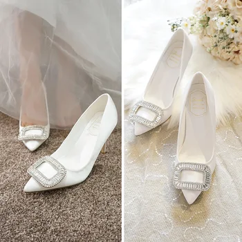 Pavasarį naują nurodė, kalnų krištolas suknelė pokylių nuotakos vestuviniai bateliai baltos spalvos stiletto kulno didelis dydis mažas dydis moterų bendrosios batai 3
