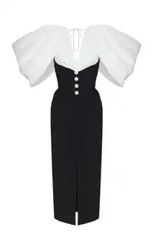 Aukštos Klasės Balta Ir Juoda Apvalkalą Moterų Maxi Suknelės Atveju Labai Sluoksniuotos Rankovėmis Kuklus Padalinta Kulkšnies Ilgis Prom Chalatai Kristalų Mygtukai 3