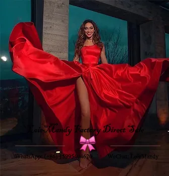 Raudona Vieną Petį Prom Dresses Ilgai su Koja Ritininės Oficialų Grindų Ilgis Satino Vakaro Šalis, Chalatai Moterims, Pigūs Chalatas de soiree 3