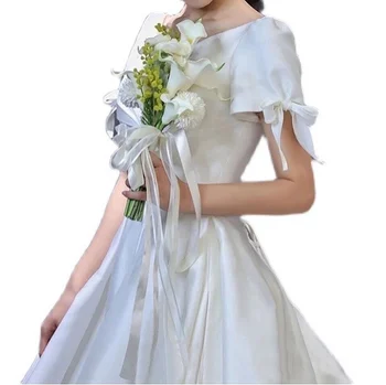 Spalvingas Vestuvių Suknelė Balta Iliuzija V-Kaklo Backless Trumpas Rankovės Linijos Lankas, Satino Vestido De Novia Princesė Vestuvinės Suknelės 2022 4