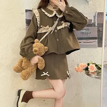 Y2k Kawaii Lolita Dviejų Dalių Komplektas 2021 Japonijos Nauja Rudens Derliaus Kostiumas Sweet Korėjos Moterys Derliaus Raukiniai Trumpas Kailis+Mini Sijonai 4