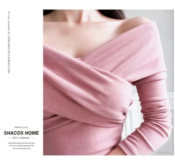 Korėjos Elegantiškos Mados Sexy V Kaklo Nuo Peties Rožinės Spalvos Megzta Mini Suknelė Elegantiškas Plonas Plisuotas Įvyniojimas Klubo Black Megztiniai Suknelė Laukinių 4