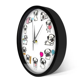 Mielas Animacinių filmų Pug Šuo Metalo Rėmas, LED Sieninis Laikrodis Juokinga Clap Garso Valdymo Smart Laikrodžiai Žiūrėti Mažylis Meilužis Namų Puošybai Horologe 4