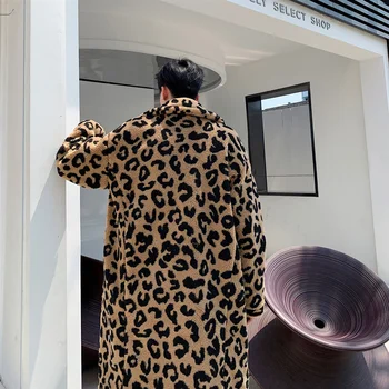 Viršutinių Drabužių Siuvimas Streetwear Mėgėjams Paltas Leopardas Spausdinti Švarkelis Vyrams Kailis Derliaus Leopard Dirbtiniais Kailiais Prarasti Ilgos Tranšėjos Striukė Vyrai 4