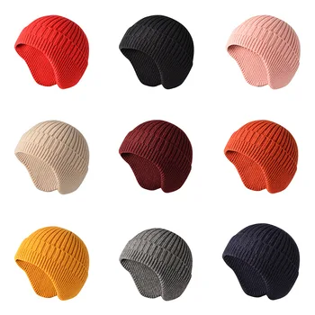 žieminės kepurės su ausimis 2022 vientisos spalvos trikotažo žiemos beanies kepurės vyrams kepuraitės moterims 5