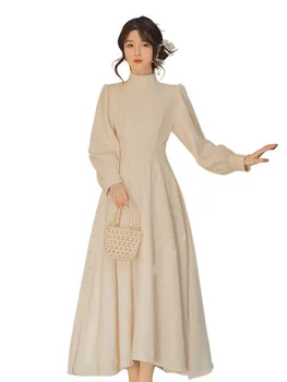 2022 M. Pavasarį Naujas Elegantiškas Mori Mergina Temperamentas Retro Ilga Suknelė Vintage Aukšto Juosmens Kulkšnies Ilgis Stovėti Apykaklės, Nėriniai Aukštos Klasės 5