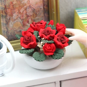 1/12 Miniatiūriniai Lėlių Priedai Mini Molio, Rožių Vazoninių Augalų Modeliavimo Gėlių Modelio Žaislai Doll House Dekoro 5
