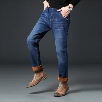 Gražus Rudens Žiemos Vilnos Storas Patogiai ir Šiltai Slim Straight Džinsus, Klasikinio Stiliaus Jaunimo Vyrų Mados Slim Jeans Mėlyna Juoda 5