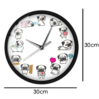 Mielas Animacinių filmų Pug Šuo Metalo Rėmas, LED Sieninis Laikrodis Juokinga Clap Garso Valdymo Smart Laikrodžiai Žiūrėti Mažylis Meilužis Namų Puošybai Horologe 5